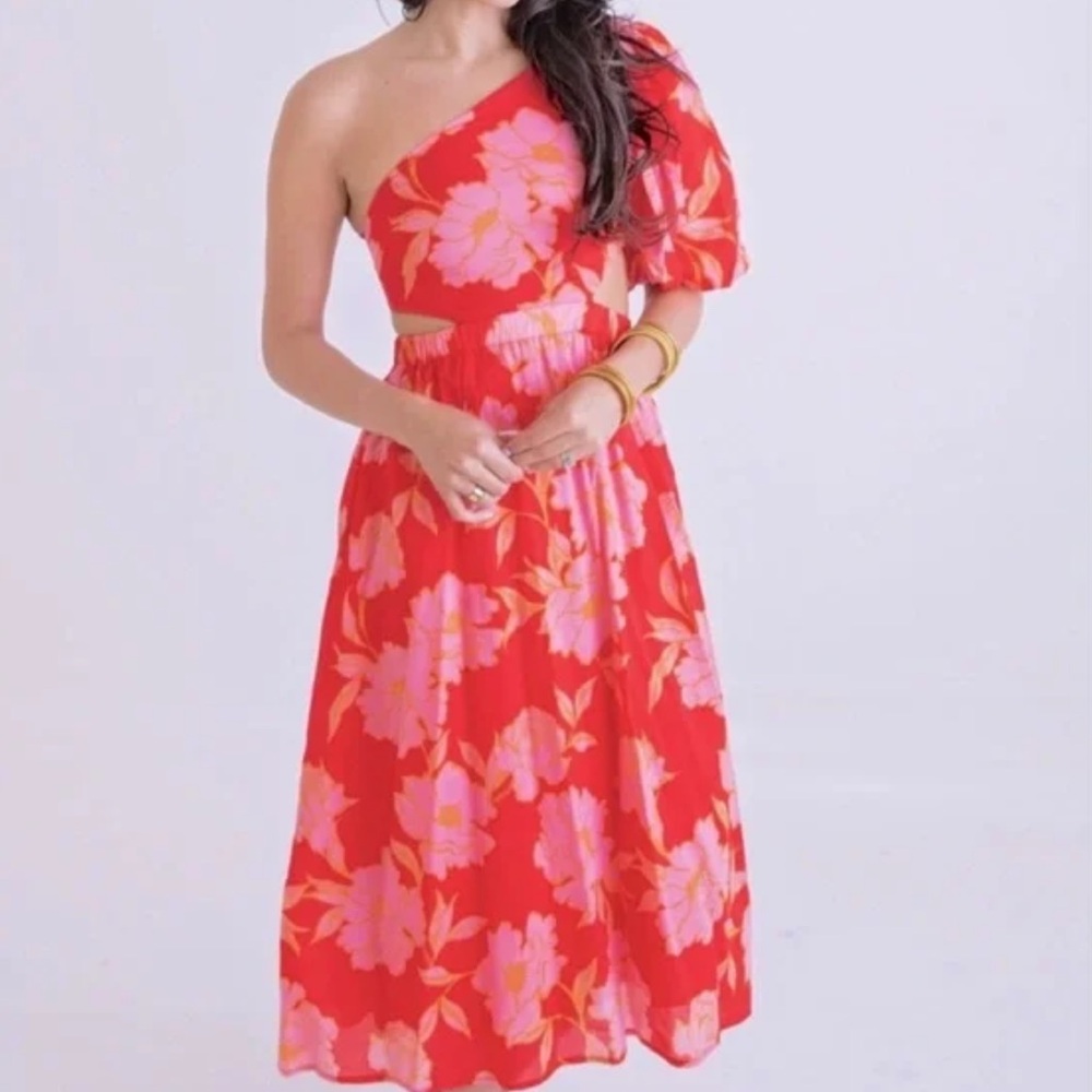 Karlie One-Shoulder Red Floral Midi Dress with Pink Blooms
